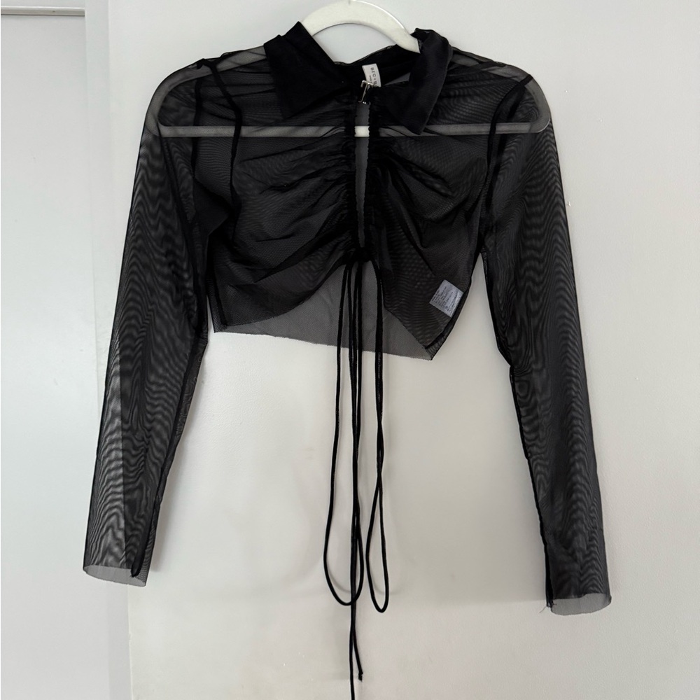 Bec + Bridge Black Ruched Crop Blouse with Peter Pan Collar